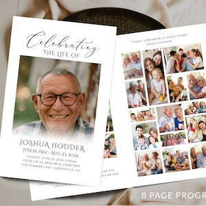 Può includere: Un programma funebre per Joshua Hodder, con una foto di lui sorridente. Il programma include le date 19 giugno 1962 - 23 agosto 2024 e la citazione "There's a rainbow to every storm." - Joshua Hodder.