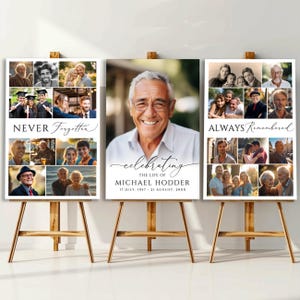 May include: Three vertical memorial posters on wooden easels. The left poster says NEVER Forgotten with photo collages. The center poster features a large portrait of a man with text celebrating the life of MICHAEL HODDER 17 JULY 1957-21 AUGUST 20XX. The right poster says ALWAYS Remembered with photo collages.