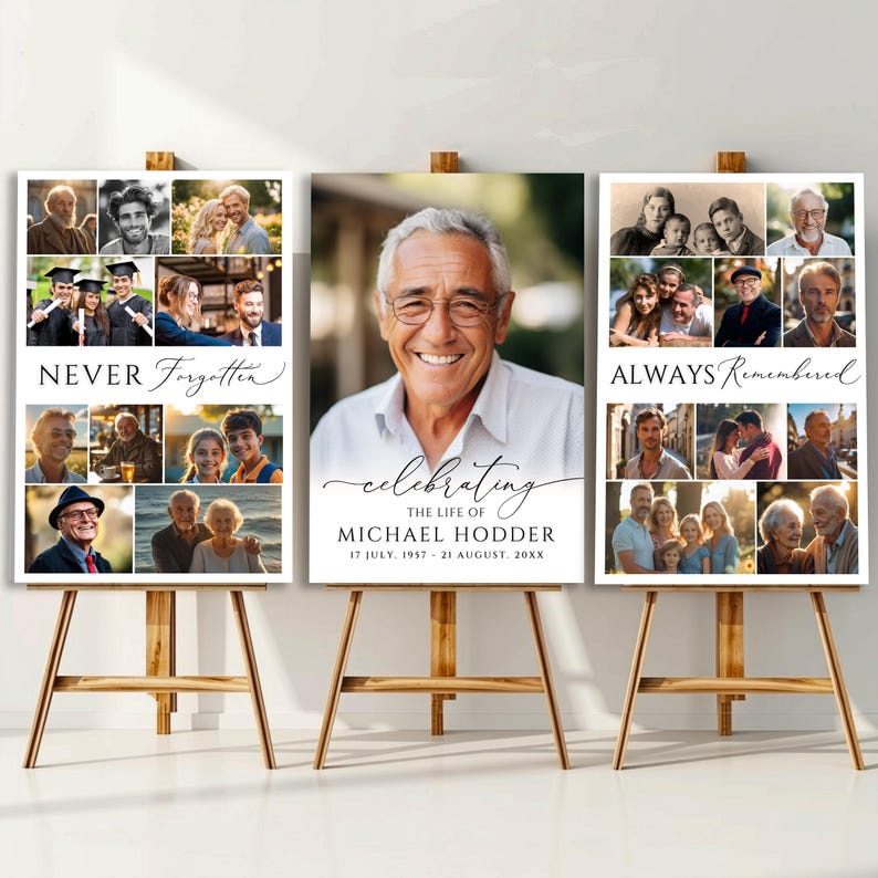 May include: Three vertical memorial posters on wooden easels. The left poster says NEVER Forgotten with photo collages. The center poster features a large portrait of a man with text celebrating the life of MICHAEL HODDER 17 JULY 1957-21 AUGUST 20XX. The right poster says ALWAYS Remembered with photo collages.