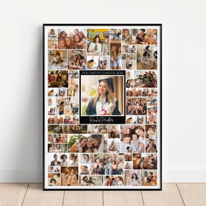 May include: A black and white photo collage with a graduation photo in the center. The graduation photo shows a woman wearing a cap and gown holding a diploma. The text "You Did It! Class of 2024" is above the graduation photo. The text "Rachel Huffler" is below the graduation photo.