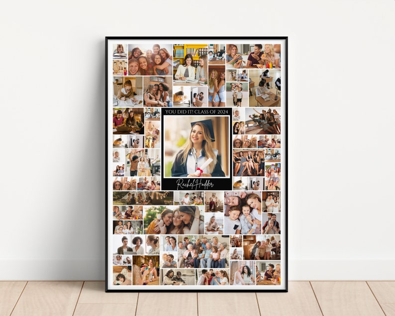 May include: A black and white photo collage with a graduation photo in the center. The graduation photo shows a woman wearing a cap and gown holding a diploma. The text "You Did It! Class of 2024" is above the graduation photo. The text "Rachel Huffler" is below the graduation photo.