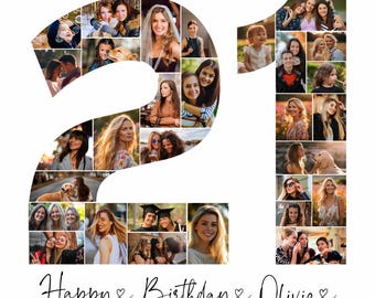 Plantilla personalizada de collage de fotos con el número 21, regalo de cumpleaños, imprimible, collage de fotos, plantillas de Canva