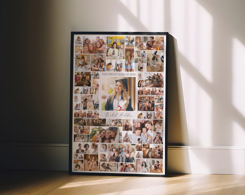 May include: A graduation photo collage poster with a black frame. The poster features a large photo of a woman in a graduation cap and gown, surrounded by smaller photos of her life. The text "You Did It! Class of 2024" is printed at the top of the poster, and the name "Rachel Holder" is printed at the bottom.