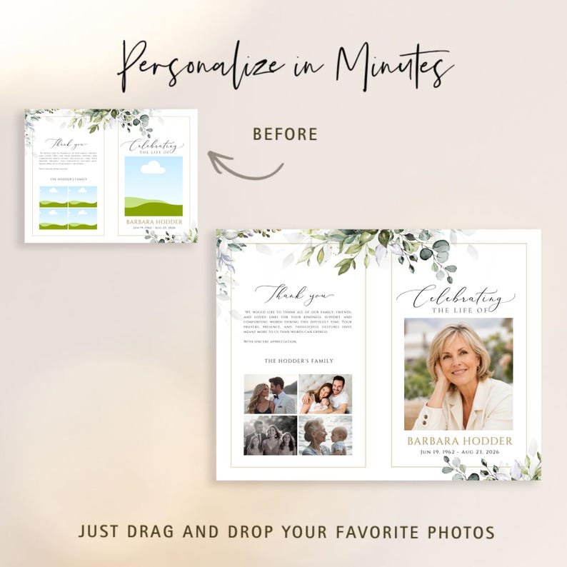May include: A funeral program template featuring a white background with green eucalyptus leaf accents. The layout includes a thank you section, photo placeholders, and the text Celebrating the Life of Barbara Hodder, Jun 19, 1962 - Aug 21, 2026.