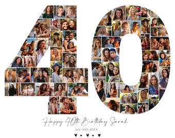 Editable 40th Birthday Number Photo Collage, Personalized Number 40 Photo Collage, Family Gift, Gifts for Him, Gifts for Her, Canva