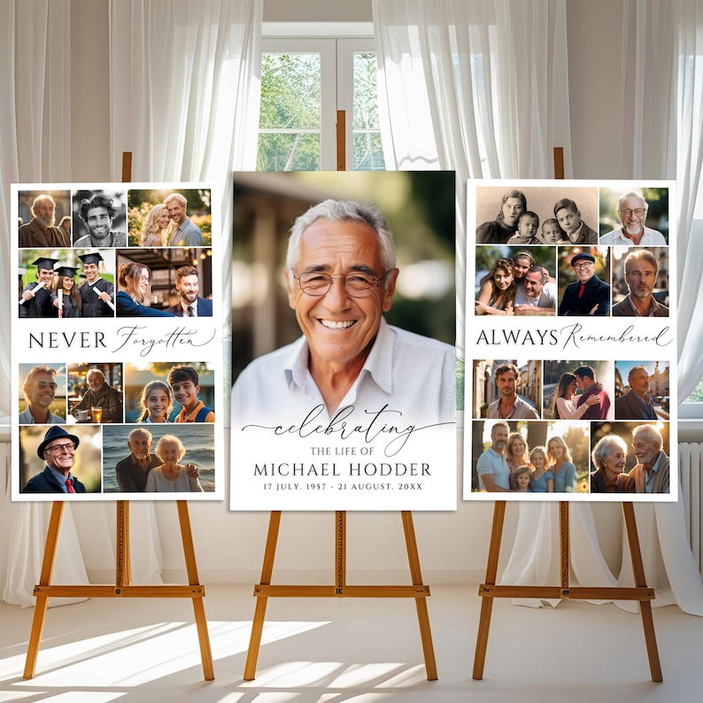 May include: Three vertical memorial posters displayed on wooden easels. The center poster features a large portrait of a smiling man with the text "celebrating THE LIFE OF MICHAEL HODDER 17 JULY, 1957 - 21 AUGUST, 20XX". Flanking posters show photo collages.