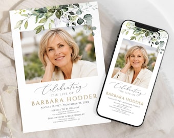 Editable Funeral Invitation Template, Greenery Evite Invitation, Printable Memorial Card, Death Announcement, Celebration of Life, #GRE