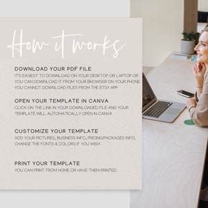 May include: A how-to guide for using a Canva template. The guide includes instructions for downloading a PDF file, opening the template in Canva, customizing the template, and printing the template.