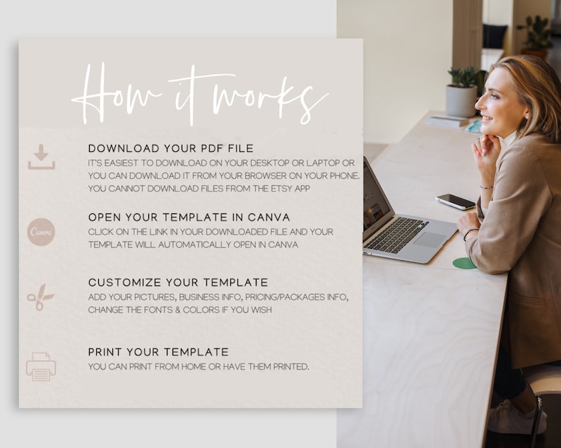 May include: A how-to guide for using a Canva template. The guide includes instructions for downloading a PDF file, opening the template in Canva, customizing the template, and printing the template.