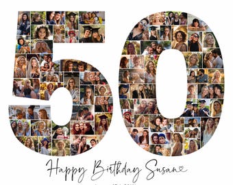 50th Birthday Photo Collage Template, Personalized 50th Birthday Gift for Women, Him, Mom, Number Collage, Family Gift, Birthday Gift, Canva