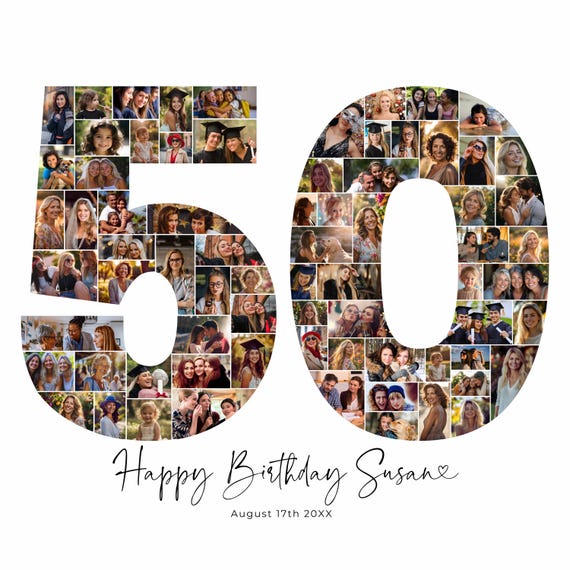 50th Birthday Photo Collage Template, Personalized 50th Birthday Gift for Women, Him, Mom, Number Collage, Family Gift, Birthday Gift, Canva