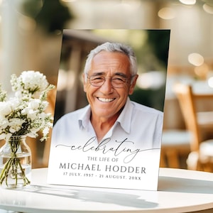 May include: A rectangular memorial sign featuring a portrait of an older person with gray hair and glasses wearing a white collared shirt. The text reads: celebrating THE LIFE OF MICHAEL HODDER 17 JULY, 1957 - 21 AUGUST, 20XX in black font.