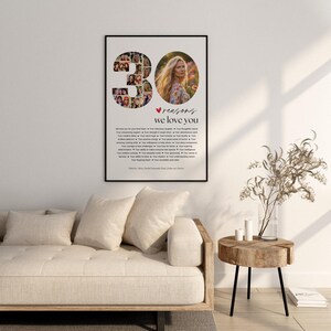 May include: A framed print with the text "30 reasons we love you." The number 30 is composed of multiple small photos. A photo of a woman is on the right. The print is displayed above a beige sofa and a wooden side table.