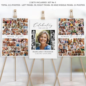 May include: Three white photo collage panels on wooden easels. The center panel features a portrait of a woman with the text "Celebrating the life of Margaret Hodder 12.06.1967-24.09.20XX". The left panel has the text "Never Forgotten" and the right panel has the text "Always Remembered".