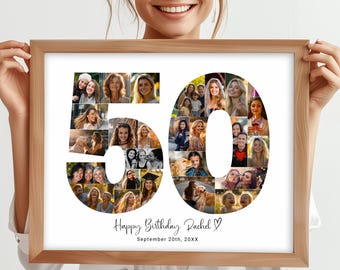 Editable 50th Birthday Photo Collage Template - Gift for Him, Her, Number 50 Welcome Sign