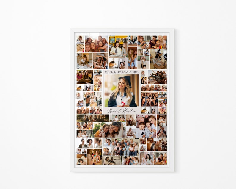 May include: A graduation photo collage featuring a graduate in a cap and gown, surrounded by smaller photos of friends and family. The text "You Did It! Class of 2024" is at the top of the collage, and the graduate's name, "Rachel Hodder", is at the bottom.