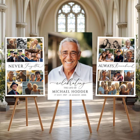 Celebration of Life Funeral Photo Collage Sign Set Templates, Funeral Welcome Sign, In Loving Memory, Memorial Poster, Canva, #FOM