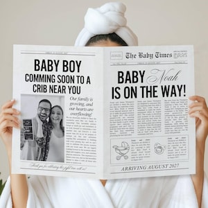 Canva newspaper pregnancy announcement, Large newspaper baby announcement, Pregnancy announcement newspaper, Newspaper baby shower