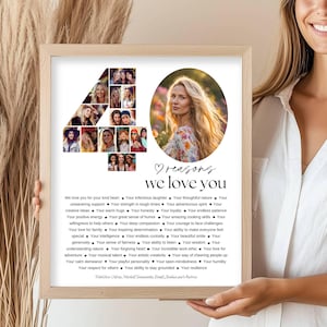 May include: A white framed poster with a collage of photos forming the number 40. The poster has a heart with the text "reasons we love you" and a list of reasons below.