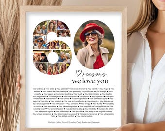 Póster con imágenes de "60 razones por las que te amamos", regalo imprimible para su 60.º cumpleaños, decoración editable y personalizada.