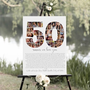 May include: A white poster with a photo collage of 50 reasons to love someone. The collage is in the shape of the number 50. The poster also includes a list of 50 reasons to love someone, such as "your kind heart", "your infectious laughter", and "your thoughtful nature". The poster is signed "With much love from Olivia, Michelle, Ganartha, Emily and Andrew".