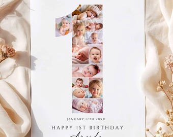 Personalized 1st Birthday Photo Collage Print, Custom Number One Picture Gift, First Keepsake, Milestone Art