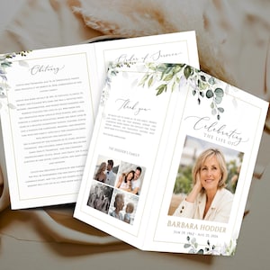 May include: A folded funeral program featuring a portrait of Barbara Hodder, the text Celebrating the Life of, and dates. The design includes green eucalyptus leaves, gold border lines, an obituary, an order of service, and a thank you section.