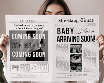 Periódico de anuncio de embarazo: plantilla editable para revelar el embarazo, accesorio fotográfico imprimible, descarga digital, Canva
