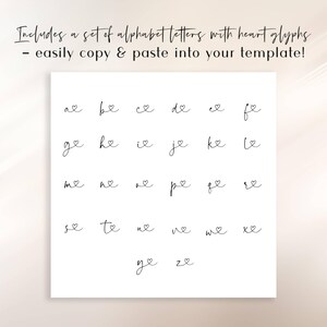 K&ouml;nnte beinhalten: Auf wei&szlig;em Hintergrund werden Alphabete mit Herzglyphen dargestellt. Der Text oben lautet: "Enth&auml;lt eine Reihe von Alphabetbuchstaben mit Herzglyphen - einfach kopieren und in Ihre Vorlage einf&uuml;gen!" Die Buchstaben sind handschriftlich.