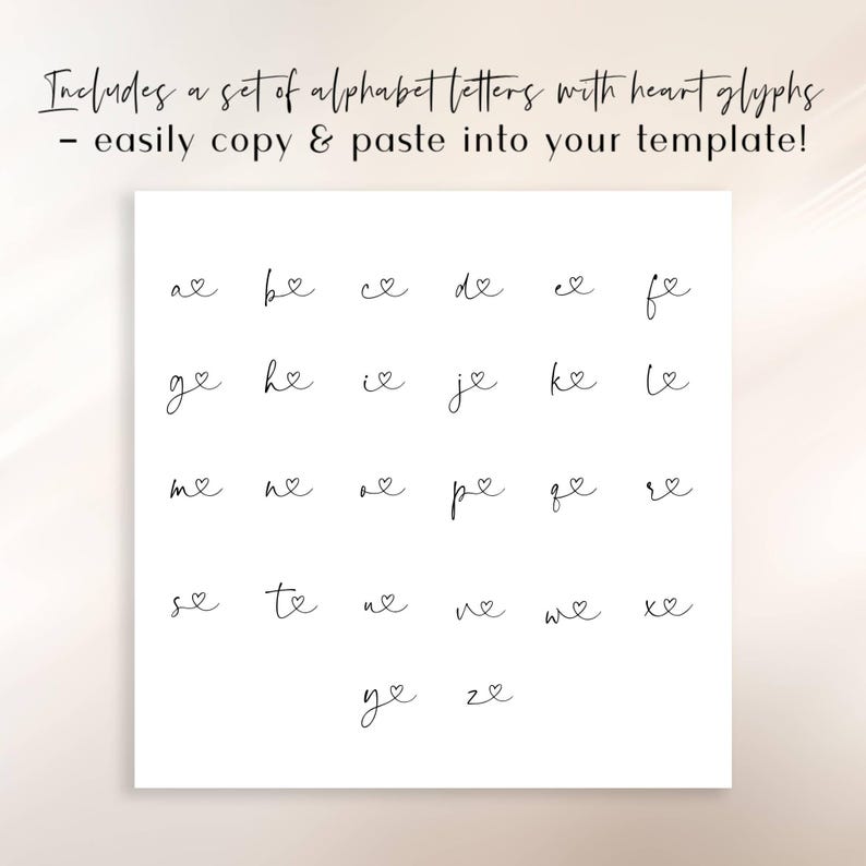 K&ouml;nnte beinhalten: Auf wei&szlig;em Hintergrund werden Alphabete mit Herzglyphen dargestellt. Der Text oben lautet: "Enth&auml;lt eine Reihe von Alphabetbuchstaben mit Herzglyphen - einfach kopieren und in Ihre Vorlage einf&uuml;gen!" Die Buchstaben sind handschriftlich.