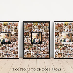 May include: Three framed collage prints with black frames and white mats. Each print features a grid of photos of a graduating class with a larger photo of a graduate in the center. The text "You Did It! Class of 2024" is at the top of each print. The graduate's name is below the photo.
