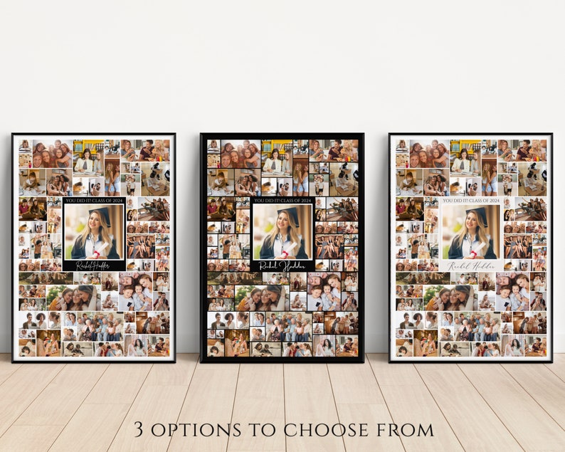 May include: Three framed collage prints with black frames and white mats. Each print features a grid of photos of a graduating class with a larger photo of a graduate in the center. The text "You Did It! Class of 2024" is at the top of each print. The graduate's name is below the photo.