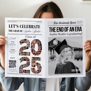 シニア卒業新聞発表ギフトCanvaテンプレート、2025年卒業クラス複数写真コラージュ卒業パーティーお祝い招待カード