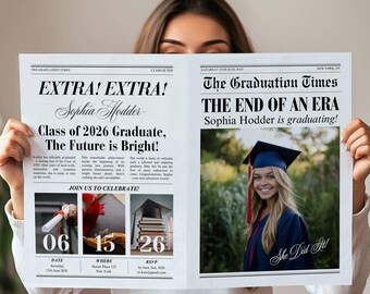 Szablon gazety z zaproszeniem na przyjęcie z okazji ukończenia szkoły Canva, duży edytowalny szablon gazety z okazji ukończenia szkoły, gazeta z okazji ukończenia szkoły do sesji zdjęciowej
