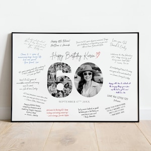 May include: A framed black and white photo print celebrating a 60th birthday. The print features the text "Happy Birthday Karen" with a photo of a woman wearing sunglasses. The number "60" is filled with smaller photos, and there are handwritten messages around the border.