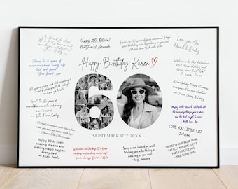 60th Birthday Signature Board Printable, Number 60 Photo Sign, 60th Welcome Sign, Guest Book, Autograph Poster, Instant Canva Templates