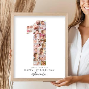 Modèle de collage photo 1er anniversaire, modèle de collage cadeau photo pour 12 ou 20 photos, collage cadeau d'anniversaire personnalisé imprimable, toile
