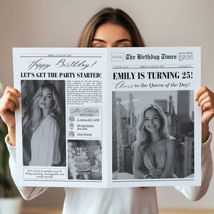 Pode incluir: Um anúncio de aniversário em estilo jornal em preto e branco. Os títulos dizem "Feliz Aniversário!" e "Emily está fazendo 25 anos!" com fotos de uma mulher. O anúncio inclui detalhes da festa e o texto "Vamos começar a festa!"