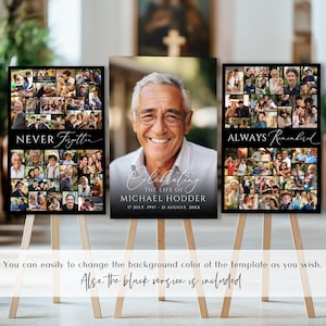 May include: Three rectangular memorial signs on wooden easels. The left sign features a photo collage and the text NEVER FORGOTTEN. The center sign displays a large portrait of a man with the text CELEBRATING THE LIFE OF MICHAEL HODDER. The right sign shows a photo collage and the text ALWAYS REMEMBERED.