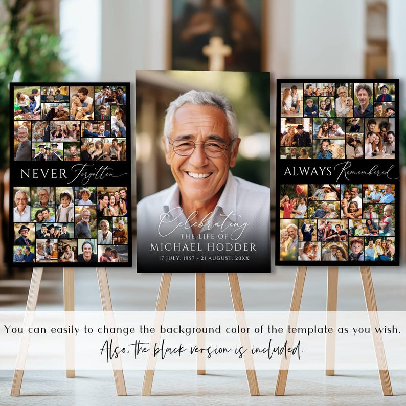 May include: Three rectangular memorial signs on wooden easels. The left sign features a photo collage and the text NEVER FORGOTTEN. The center sign displays a large portrait of a man with the text CELEBRATING THE LIFE OF MICHAEL HODDER. The right sign shows a photo collage and the text ALWAYS REMEMBERED.