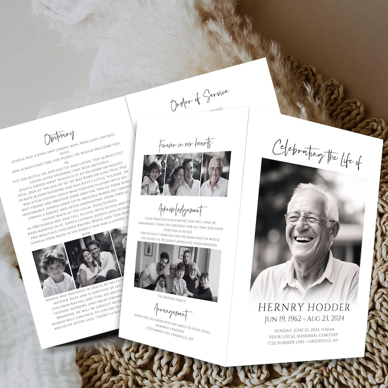 May include: A tri-fold funeral program featuring black and white photographs of a man named Hernry Hodder. The text includes sections titled Obituary, Order of Service, Forever in our hearts, Acknowledgement, and Arrangement with event details.