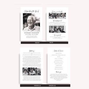May include: A four-page memorial program printed on white paper with black text and black-and-white photographs. The front features a portrait of a man with the text Celebrating the Life of Hernry Hodder. The back and inside pages contain obituary text, an order of service, acknowledgments, and additional family photos.