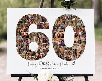 60th Birthday Photo Collage Template – Number 60 Personalized Birthday Gift for Him or Her