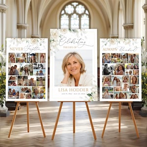 May include: Three memorial display boards on wooden easels. The left board says NEVER FORGOTTEN with photo collages. The centre board says CELEBRATING THE LIFE OF LISA HODDER JUN 19 1962 - AUG 23 2026 with a large portrait. The right board says ALWAYS REMEMBERED with photo collages. All feature white floral accents.