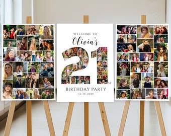 Collage de fotos para el 21.º cumpleaños, tablero de bienvenida para el 21.º cumpleaños, imprimible para el número 21, conjunto de plantillas para collage de fotos para el 21.º cumpleaños, póster de cumpleaños