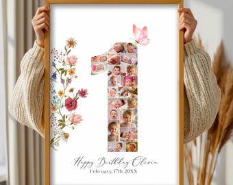 ワイルドフラワーの1歳の誕生日フォトコラージュ、パーソナライズされた1歳の誕生日フォトコラージュ、数字の1フォトコラージュ、1歳の誕生日フォトマイルストーンサイン