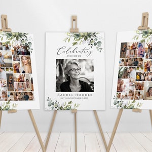 May include: Three memorial signs on wooden easels. The signs feature a collage of photos, greenery, and the text "Celebrating the Life of Rachel Hodder." The central sign displays a black and white photo of Rachel.