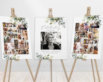 May include: Three memorial signs on wooden easels. The signs feature a collage of photos, greenery, and the text "Celebrating the Life of Rachel Hodder." The central sign displays a black and white photo of Rachel.
