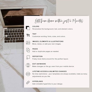 May include: A digital template feature list titled Edit from Home within just a Minutes. It includes icons for Colors, Text, Images, Pages, Reposition, Edit Anywhere, Lifetime Access, and Hyperlinks, detailing customization options for design projects.