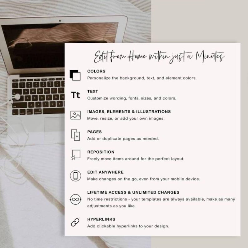 May include: A digital template feature list titled Edit from Home within just a Minutes. It includes icons for Colors, Text, Images, Pages, Reposition, Edit Anywhere, Lifetime Access, and Hyperlinks, detailing customization options for design projects.